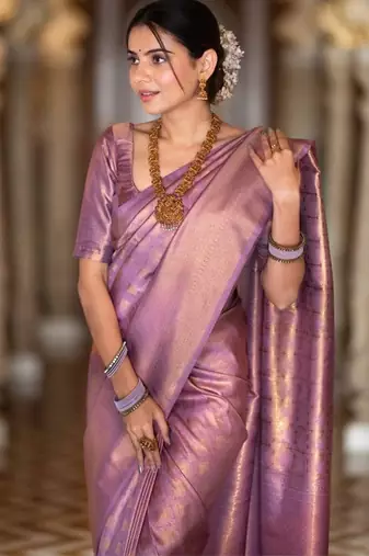 Pink silk blend jacuard work festival saree with unstitched blouse piece