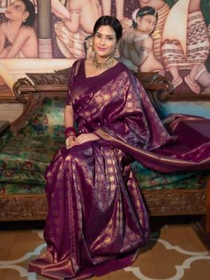 Purple silk blend jacuard work festival saree with unstitched blouse piece 1