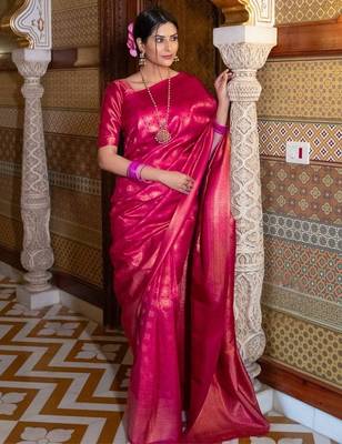 Rani pink silk blend jacuard work festival saree with unstitched blouse piece 1