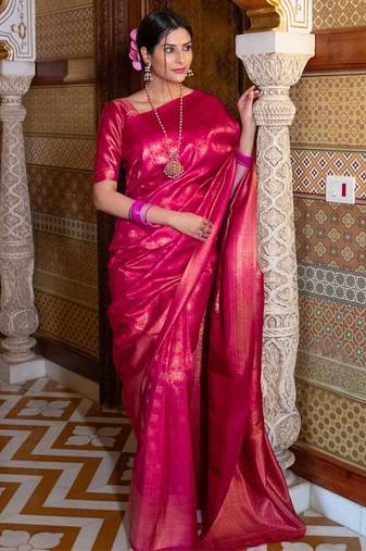 Rani pink silk blend jacuard work festival saree with unstitched blouse piece