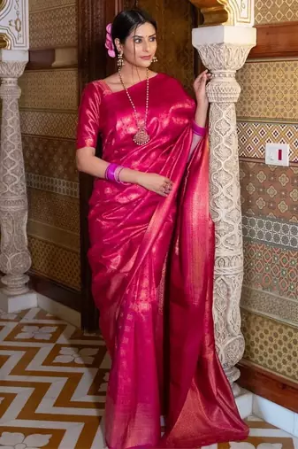 Rani pink silk blend jacuard work festival saree with unstitched blouse piece