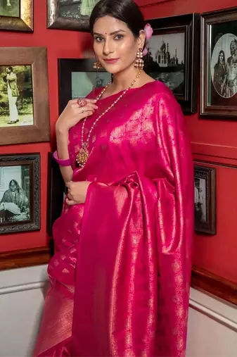 Rani pink silk blend jacuard work festival saree with unstitched blouse piece