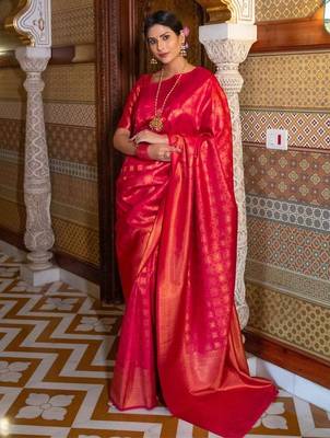 Red silk blend jacuard work festival saree with unstitched blouse piece 1