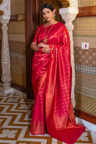 Red silk blend jacuard work festival saree with unstitched blouse piece