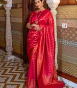 Red silk blend jacuard work festival saree with unstitched blouse piece