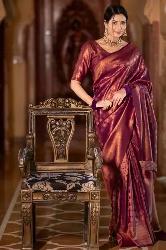 Wine silk blend jacuard work festival saree with unstitched blouse piece