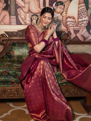 Wine silk blend jacuard work festival saree with unstitched blouse piece 2