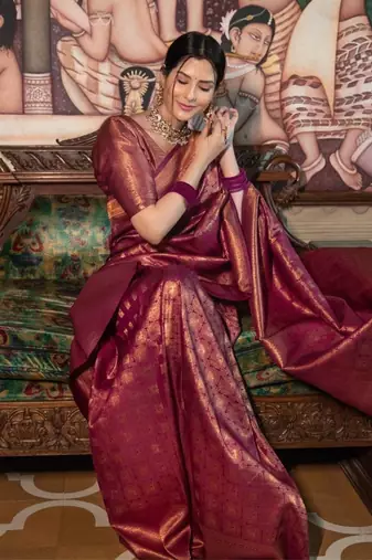 Wine silk blend jacuard work festival saree with unstitched blouse piece