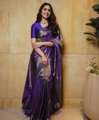 Purple silk blend jacuard work festival saree with unstitched blouse piece 1