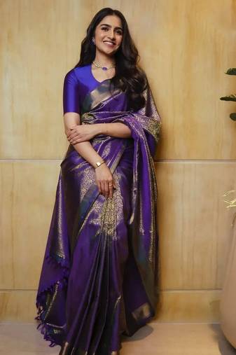 Purple silk blend jacuard work festival saree with unstitched blouse piece
