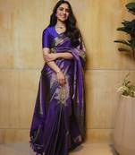 Purple silk blend jacuard work festival saree with unstitched blouse piece