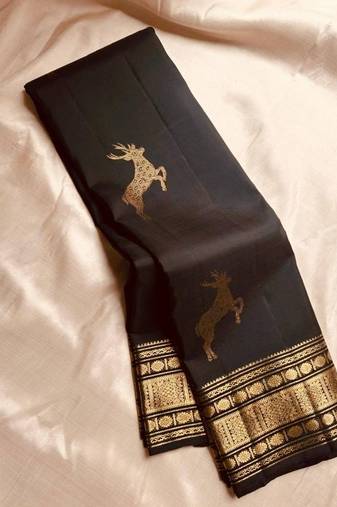 Black silk blend jacuard work festival saree with unstitched blouse piece