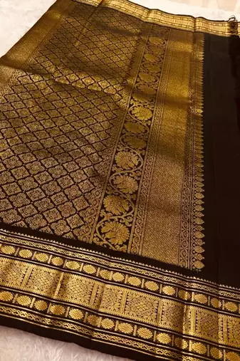 Black silk blend jacuard work festival saree with unstitched blouse piece