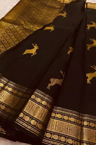 Black silk blend jacuard work festival saree with unstitched blouse piece