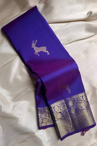 Blue silk blend jacuard work festival saree with unstitched blouse piece