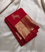 Red silk blend jacuard work festival saree with unstitched blouse piece