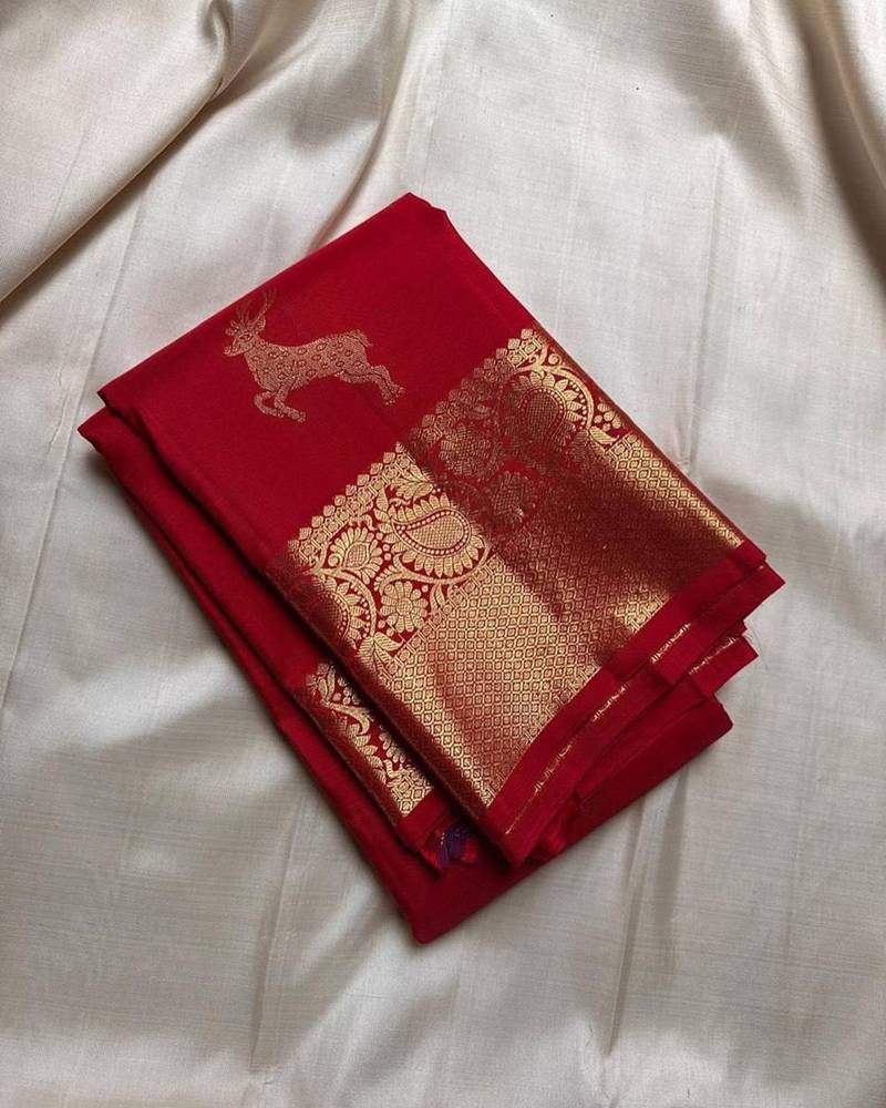 Red silk blend jacuard work festival saree with unstitched blouse piece