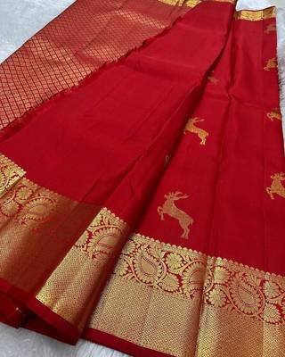 Red silk blend jacuard work festival saree with unstitched blouse piece 2