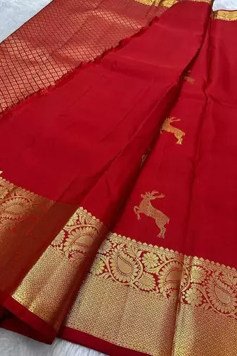 Red silk blend jacuard work festival saree with unstitched blouse piece