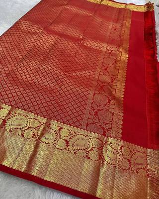Red silk blend jacuard work festival saree with unstitched blouse piece 4