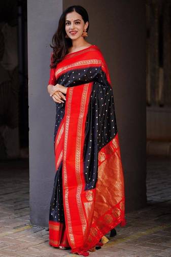 Black red silk blend jacuard work festival saree with unstitched blouse piece