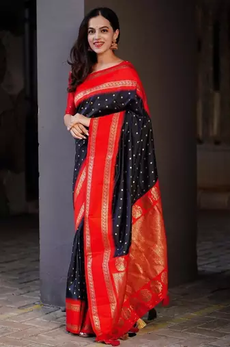 Black red silk blend jacuard work festival saree with unstitched blouse piece
