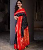 Black red silk blend jacuard work festival saree with unstitched blouse piece