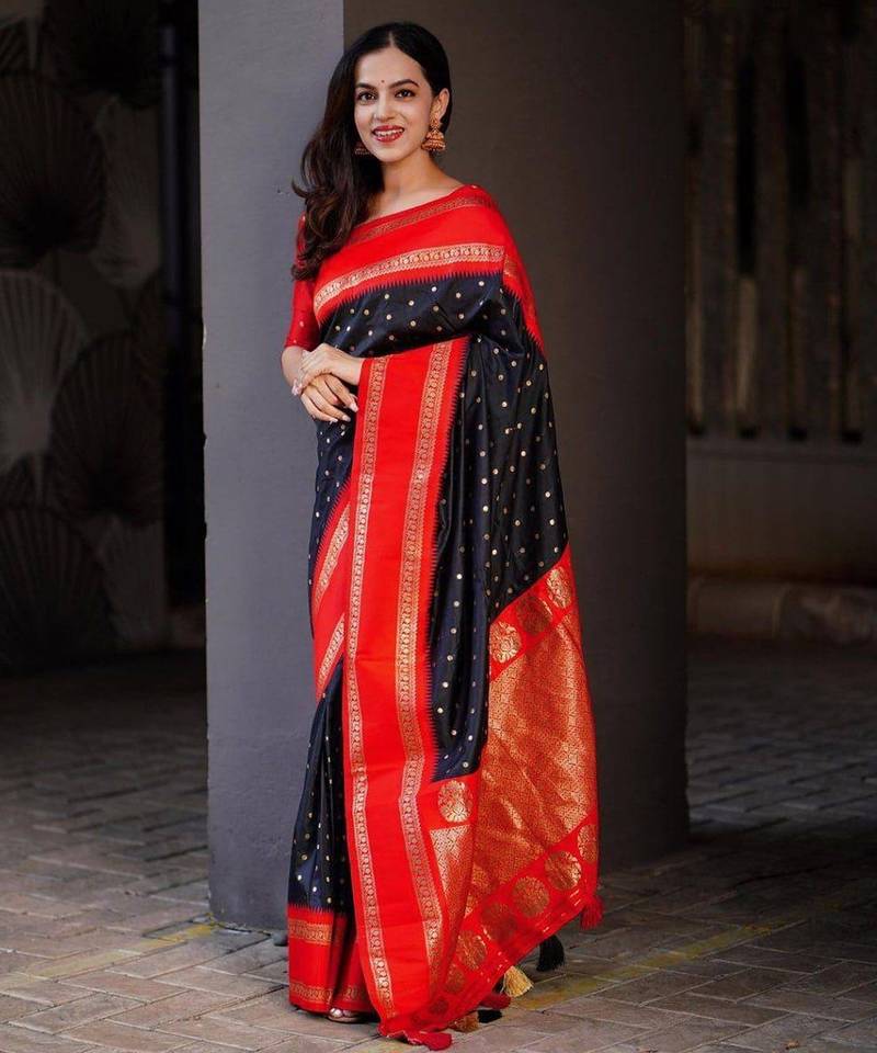 Black red silk blend jacuard work festival saree with unstitched blouse piece