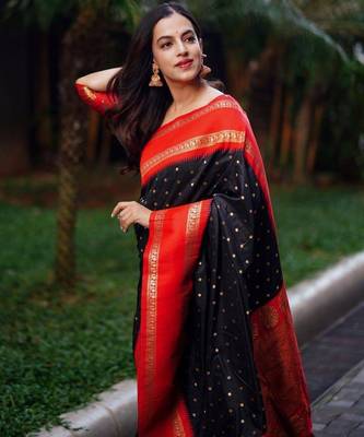 Black red silk blend jacuard work festival saree with unstitched blouse piece 2