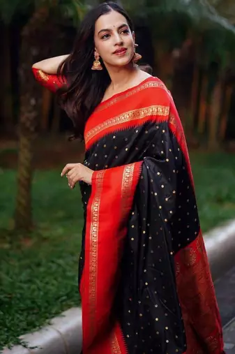 Black red silk blend jacuard work festival saree with unstitched blouse piece