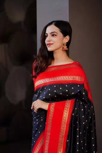 Black red silk blend jacuard work festival saree with unstitched blouse piece
