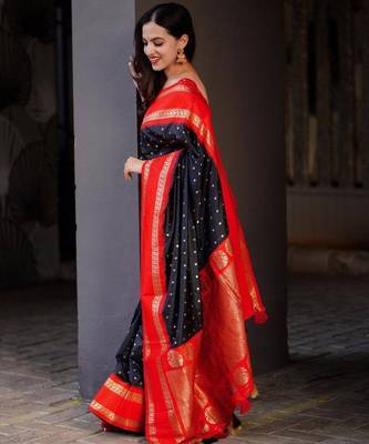 Black red silk blend jacuard work festival saree with unstitched blouse piece 4