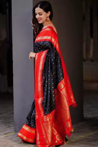 Black red silk blend jacuard work festival saree with unstitched blouse piece