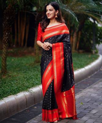 Black red silk blend jacuard work festival saree with unstitched blouse piece 5
