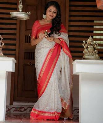White red silk blend jacuard work festival saree with unstitched blouse piece 1