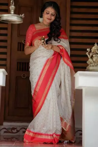 White red silk blend jacuard work festival saree with unstitched blouse piece