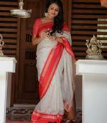 White red silk blend jacuard work festival saree with unstitched blouse piece