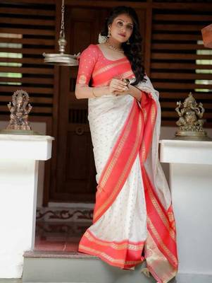 White red silk blend jacuard work festival saree with unstitched blouse piece 2