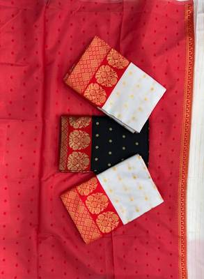 White red silk blend jacuard work festival saree with unstitched blouse piece 5