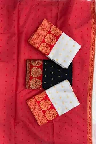 White red silk blend jacuard work festival saree with unstitched blouse piece