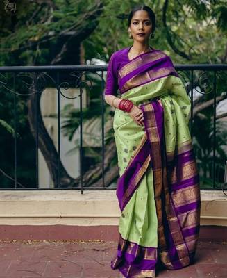 Pista purple silk blend jacuard work festival saree with unstitched blouse piece 1