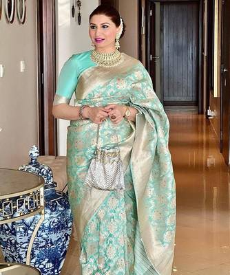 Sky blue silk blend jacuard work festival saree with unstitched blouse piece 1