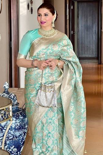 Sky blue silk blend jacuard work festival saree with unstitched blouse piece