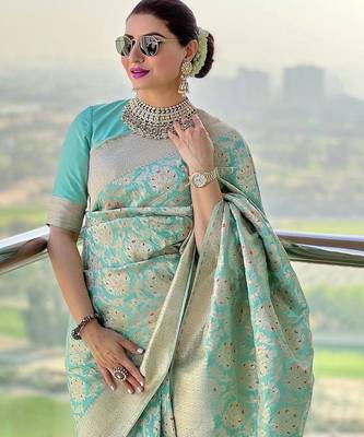 Sky blue silk blend jacuard work festival saree with unstitched blouse piece 2