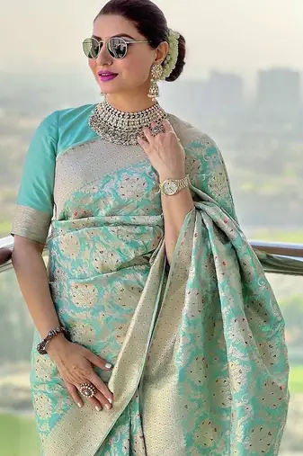 Sky blue silk blend jacuard work festival saree with unstitched blouse piece