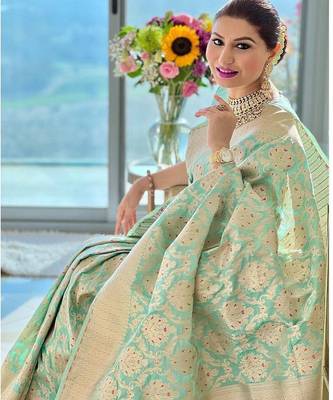 Sky blue silk blend jacuard work festival saree with unstitched blouse piece 5