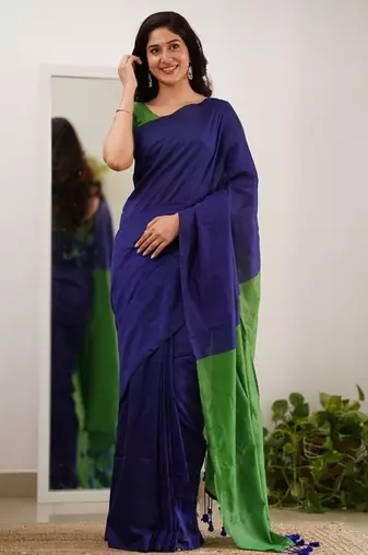 Blue parrot silk blend jacuard work festival saree with unstitched blouse piece