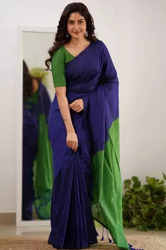 Blue parrot silk blend jacuard work festival saree with unstitched blouse piece