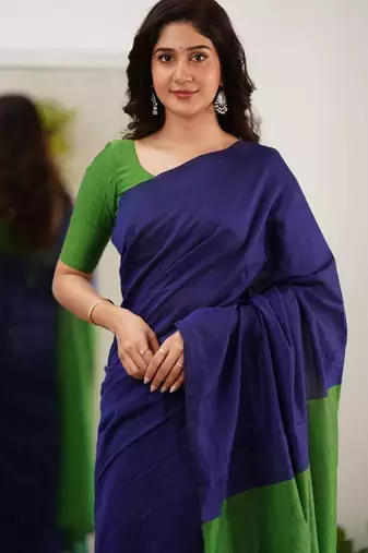 Blue parrot silk blend jacuard work festival saree with unstitched blouse piece
