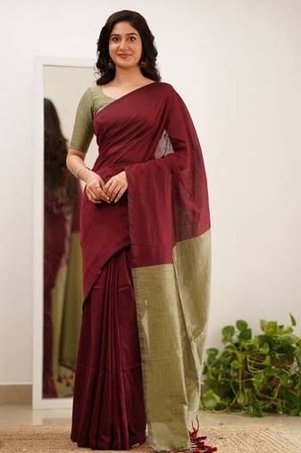 Brown beige silk blend jacuard work festival saree with unstitched blouse piece